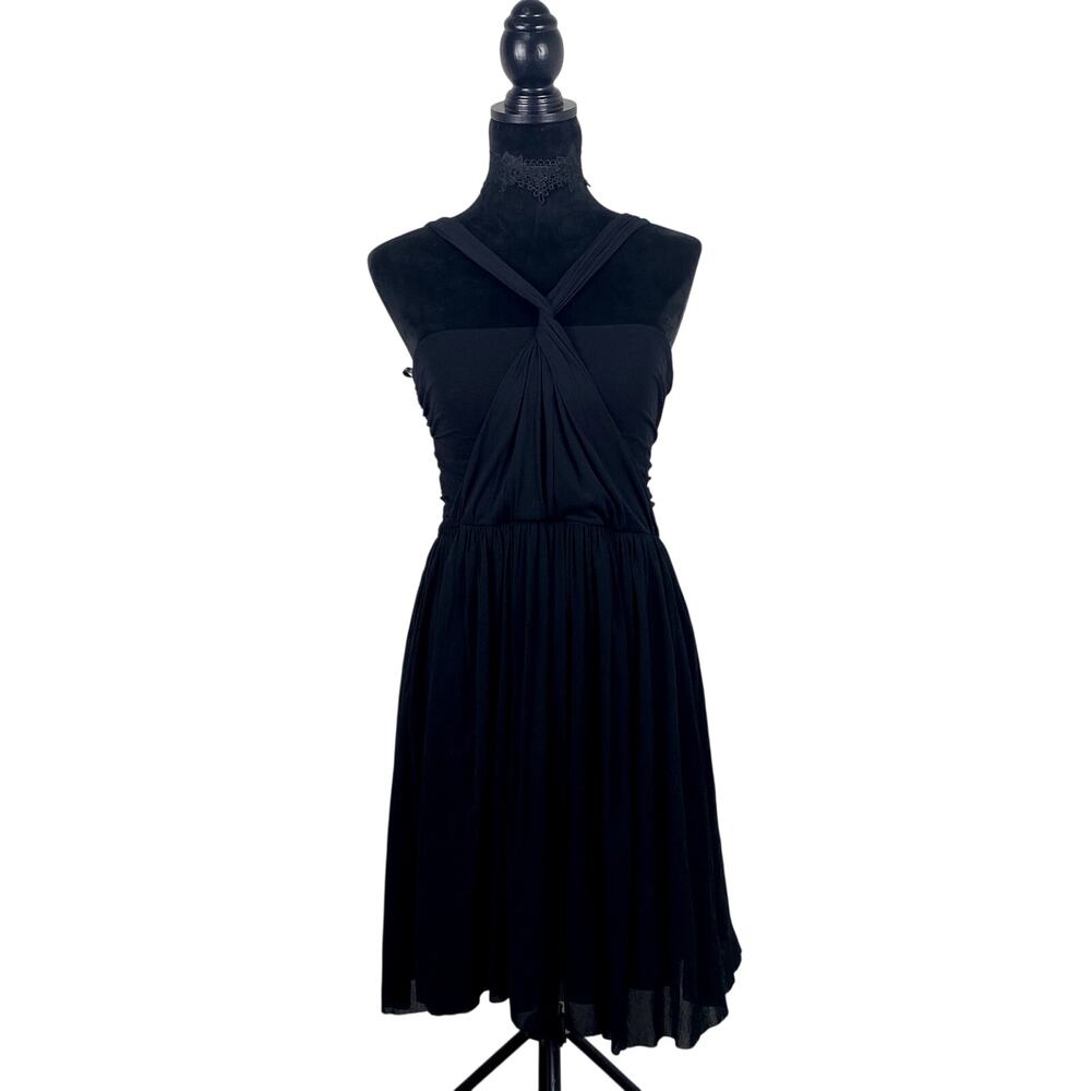 Vtg Y2K Anthropologie Weston Wear Black Ruched Cross Strap Going Out Mini Dress